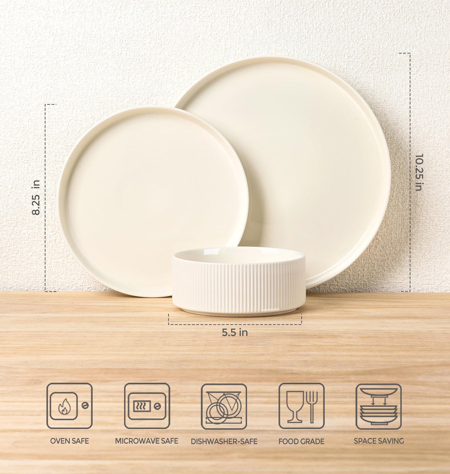 TheTerra Ceramic Dinnerware Sets for 4, 12 Pieces Porcelain Lightweight Plates and Bowls Sets, Scratch Resistant Dish Set, Oven & Microwave & Dishwasher Safe, Beige