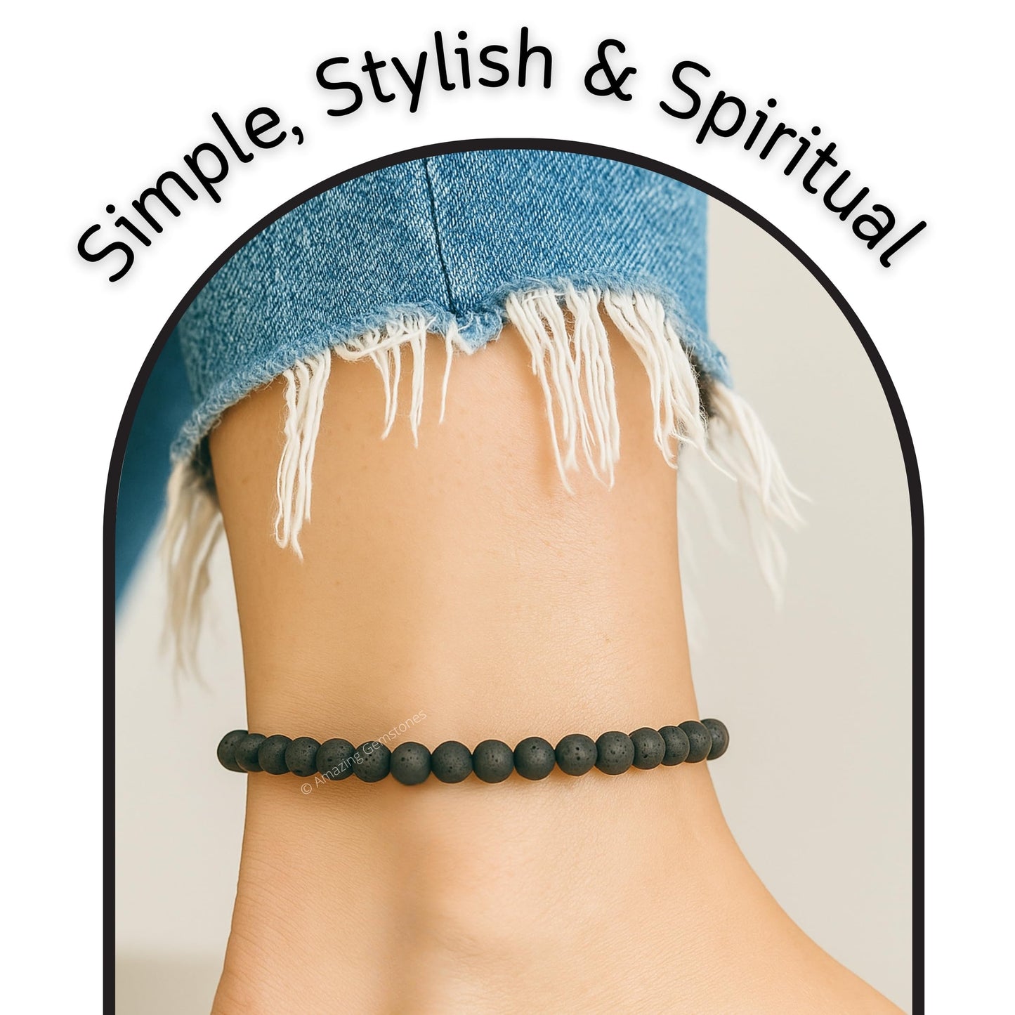 Amazing Gemstone Lava Stone Anklet Ankle Bracelets for Women - Waterproof Beaded Healing Crystal Anklets, Plus Size Chakra Gemstone Bead Anklet (Stretchy Adjustable - Plain)