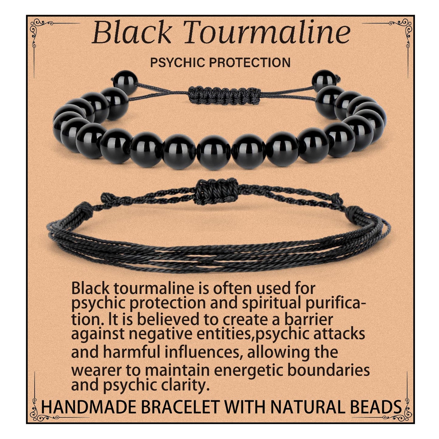 LPBeads 8mm Black Tourmaline Bracelet with Handmade Rope Bracelet Size Adjustable Natural Stone Crystal Healing Bracelets Gifts for Unisex Adults