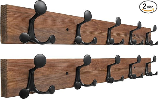 SKOLOO 30-Inch Wood Coat Rack Wall Mount with 5 Triple Hooks - Ideal for Family Entrances, Classrooms, and Pet Supplies Storage - Perfect Coat Hooks for Wall,Charred Golden Brown, Pack of 2