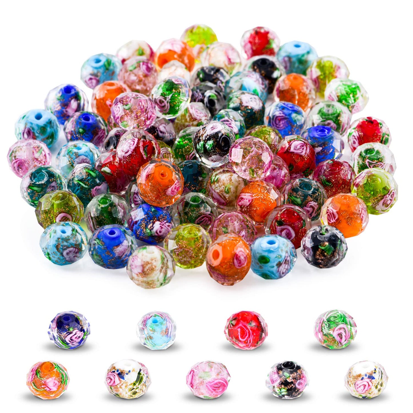80pcs Flower Glass Beads for Jewelry/Bracelets/Crafts/Necklace Making,Gold Sand Lampwork Beads Cute Crystal Beads Sea Glass Seed Boho Beads for Rosary Crafts Handmade (10mm Mixed Color)