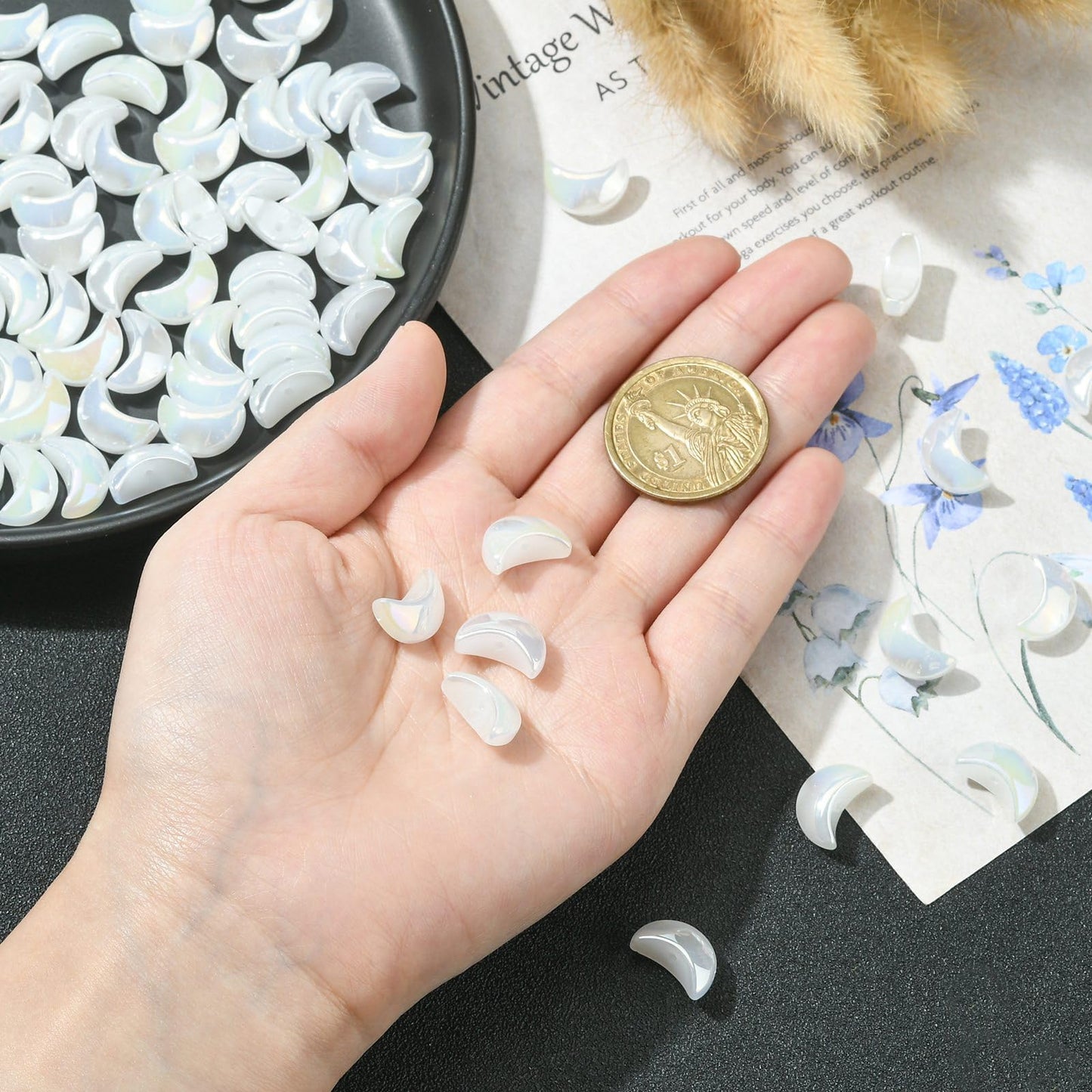 LiQunSweet 100 Pcs Handmade Lampwork White Glass Beads Celestial Crescent Moon Loose Spacer Beads for DIY Jewelry Making and Crafting