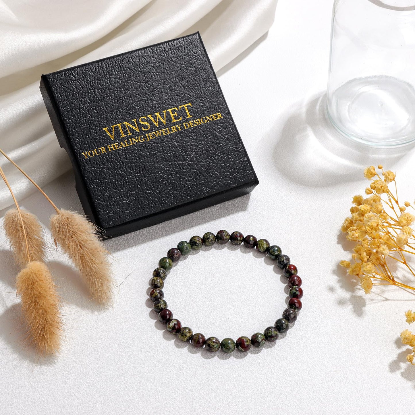Vinswet Healing Crystal Bracelets for Women Men 6mm Dragon Bloodstone Natural Stone Beaded Stretch Bracelet Handmade Gemstone Reiki Spiritual Jewelry Gifts