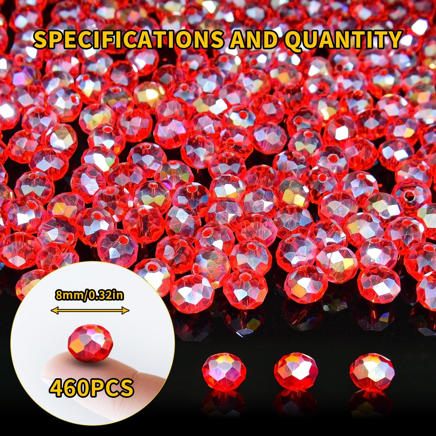 Laopottbeads 460Pcs 8mm Crystal Glass Beads for Jewelry Making Beads for Bracelets Necklace Pendants Making Supplies(Red)