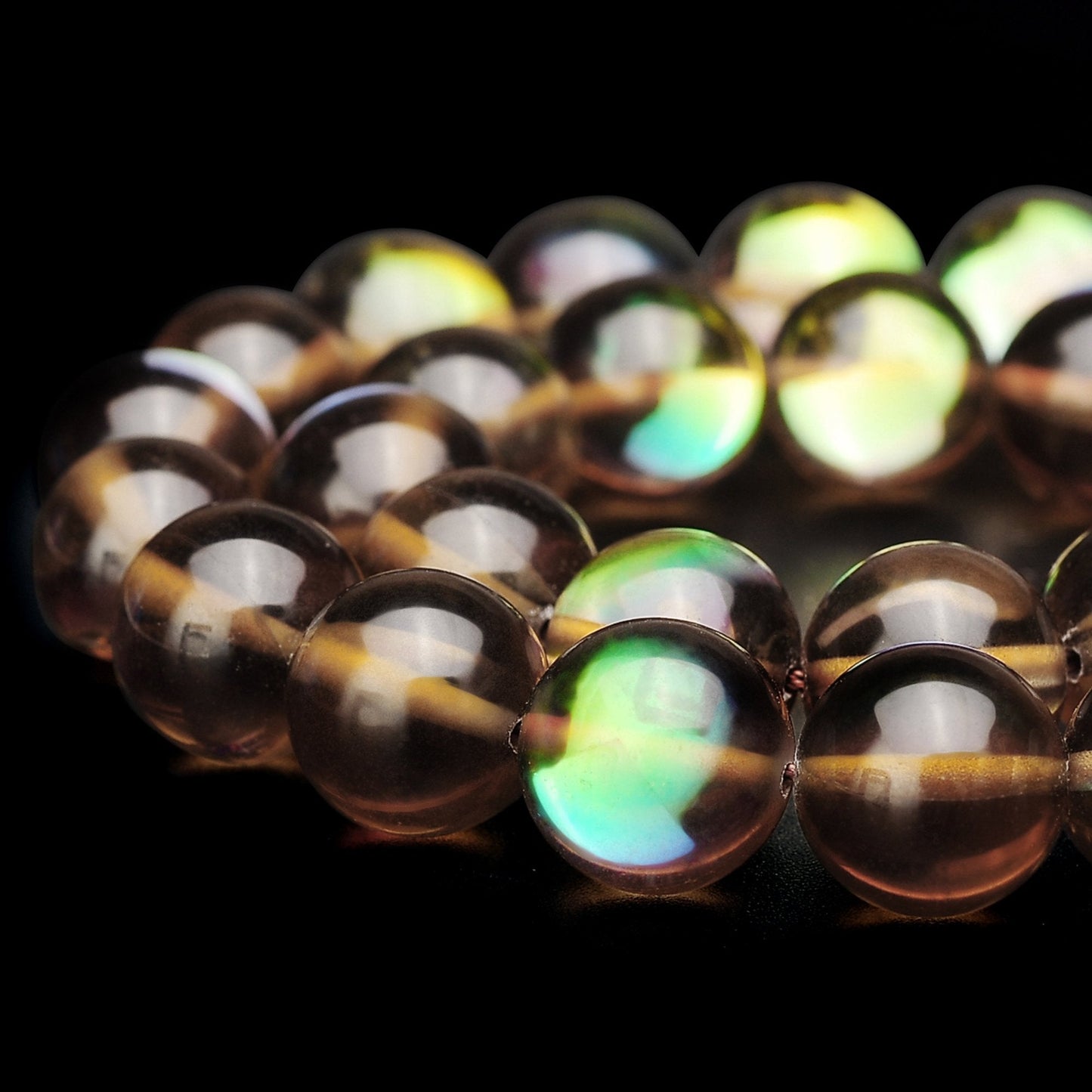 RUBYCA Round Moonstone Crystal Glass Beads Aura Iridescent for Jewelry Making (1 Strand, 6mm, Brown)