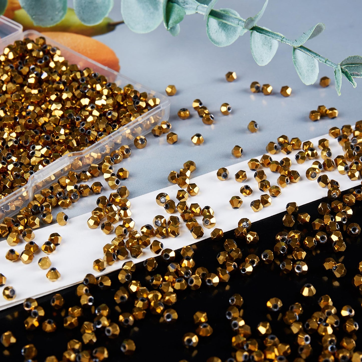 Laopottbeads 1200PCS 3mm Bicone Crystal Glass Beads for Jewelry Making, Sparkling Mini Beads for Suncatchers, DIY Bracelets & Craft Projects (Coffee Gold)