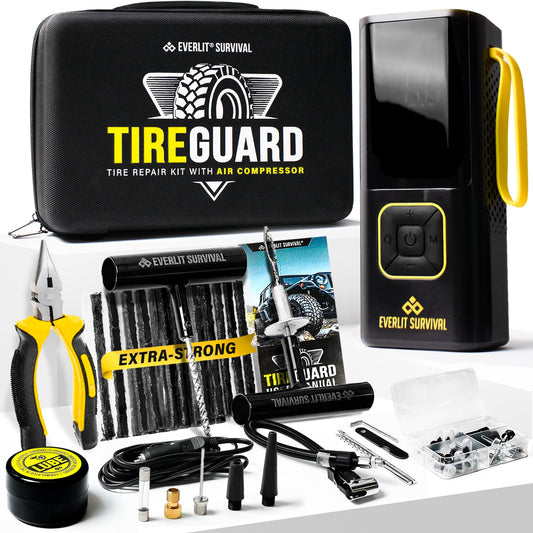EVERLIT All-in-One Tire Repair Kit with Air Compressor – 150 PSI Portable Cordless Tire Inflator & Plug Kit – Flat Tire Emergency Roadside Kit for Car, SUV, Truck & Motorcycle Fast Repair & Inflation