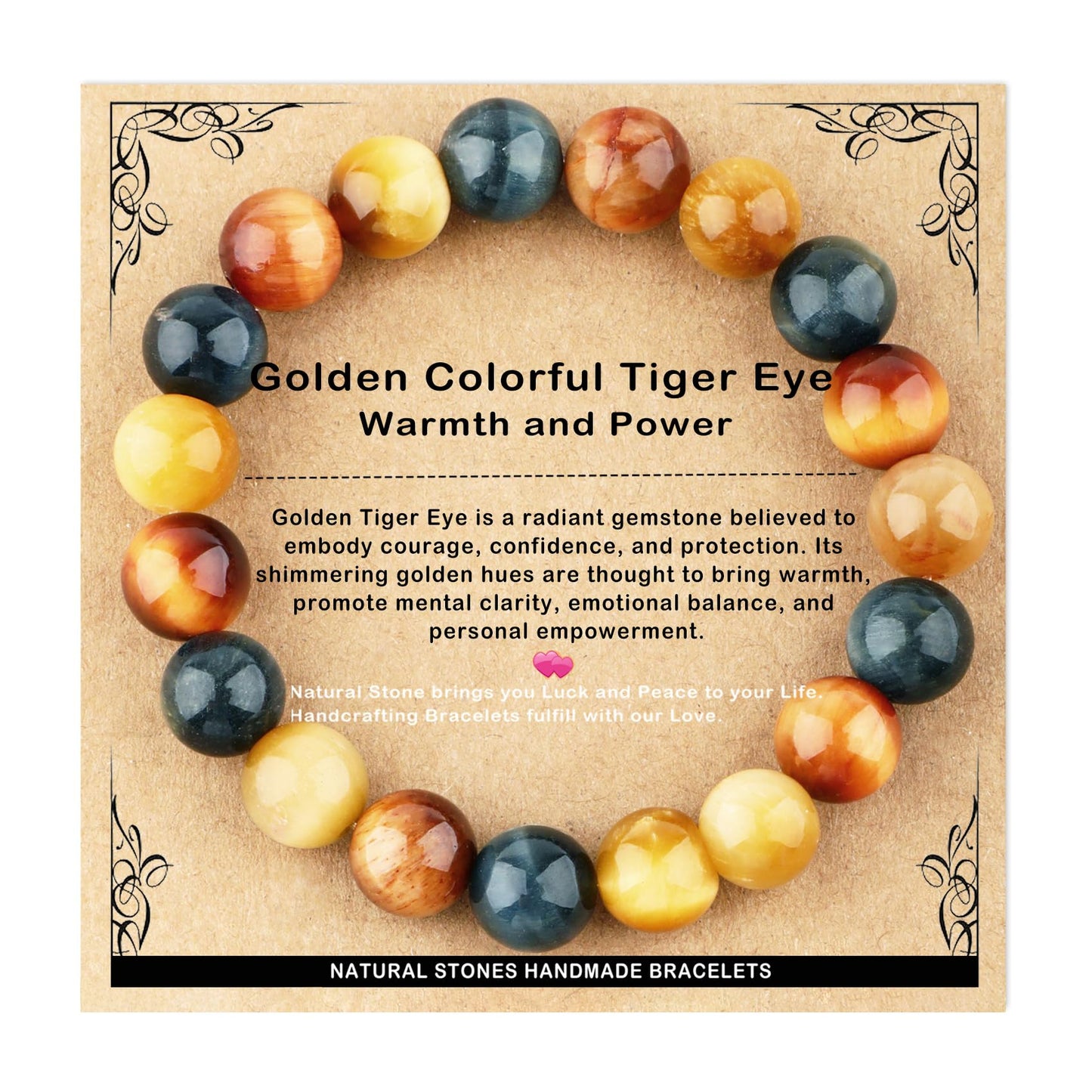 AD Beads 10mm Handmade Golden Colorful Tiger Eye Elastic Bracelet – Natural Gemstone for Warmth and power – Meditation, Yoga, Healing and Energy Gift for Men Women