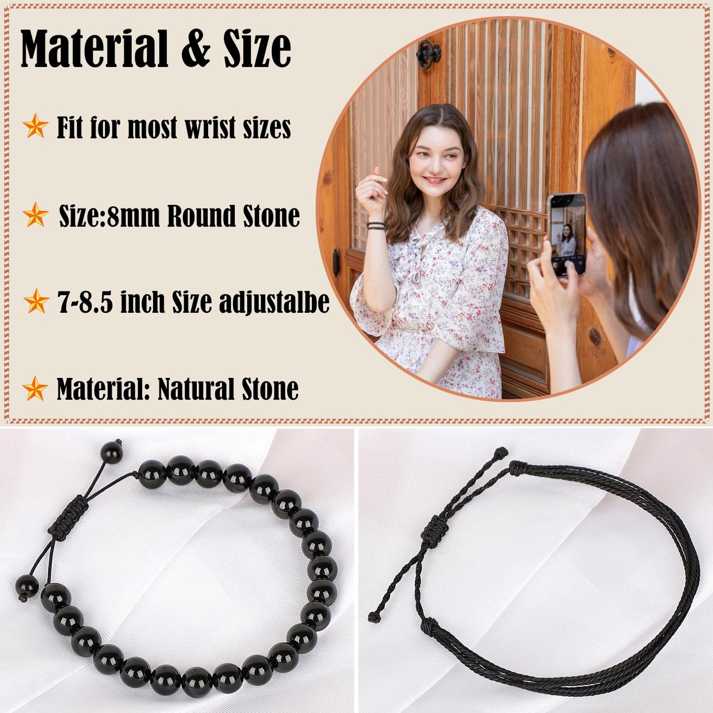 LPBeads 8mm Black Tourmaline Bracelet with Handmade Rope Bracelet Size Adjustable Natural Stone Crystal Healing Bracelets Gifts for Unisex Adults
