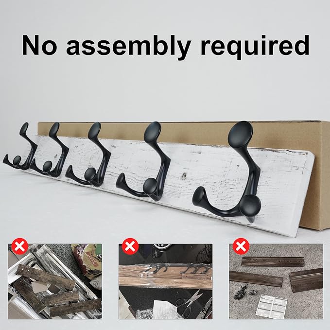 SKOLOO 24-Inch Wood Coat Rack Wall Mount with 5 Triple Hooks - Ideal for Family Entrances, Classrooms, and Pet Supplies Storage - Perfect Coat Hooks for Wall,Distressed White Wash, Pack of 2