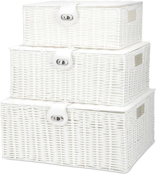 Honygebia White Wicker Storage Baskets - Set of 3 Decorative Nesting Boxes with Lids, Woven Basket with Lock & Handle, Organizer for Beauty Makeup Bathroom Decor