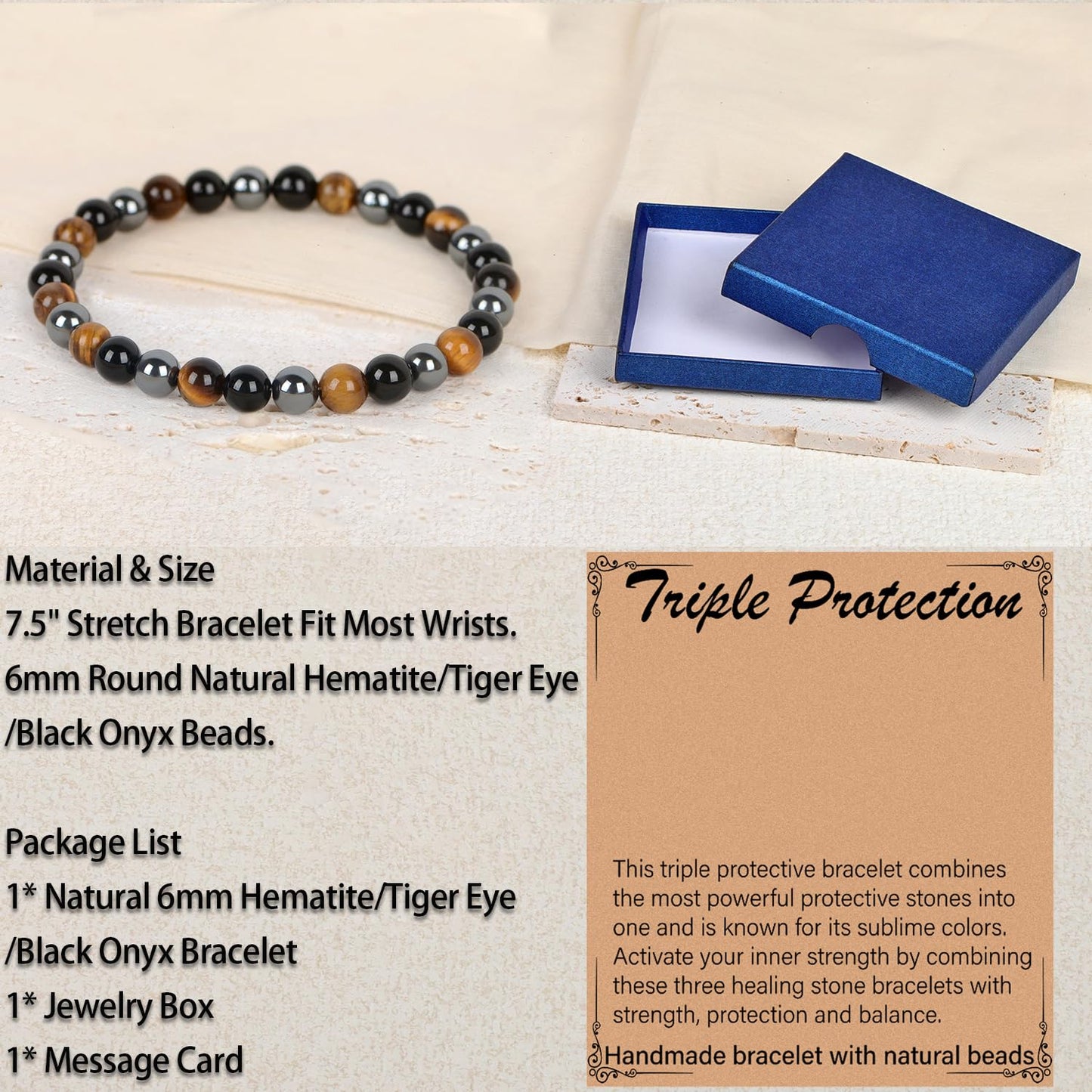 LPBeads Handmade Natural Gemstone Stretch Elastic 6mm Onyx Tiger Hematite Mixed Stone Bracelet Healing Crystal Round Stone Beads Jewelry Gifts for Women Men