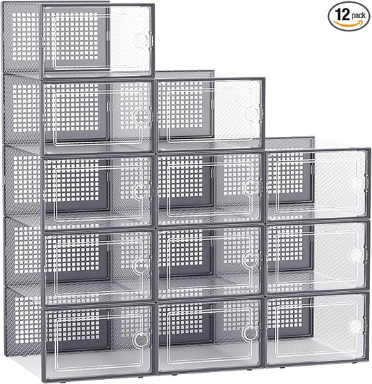 Kuject 12 Pack Large Shoe Boxes, Clear Stackable Containers with Lids,Grey | Shoe organizers for closet & entryway, under-bed,Drop-front design fits women's size 10