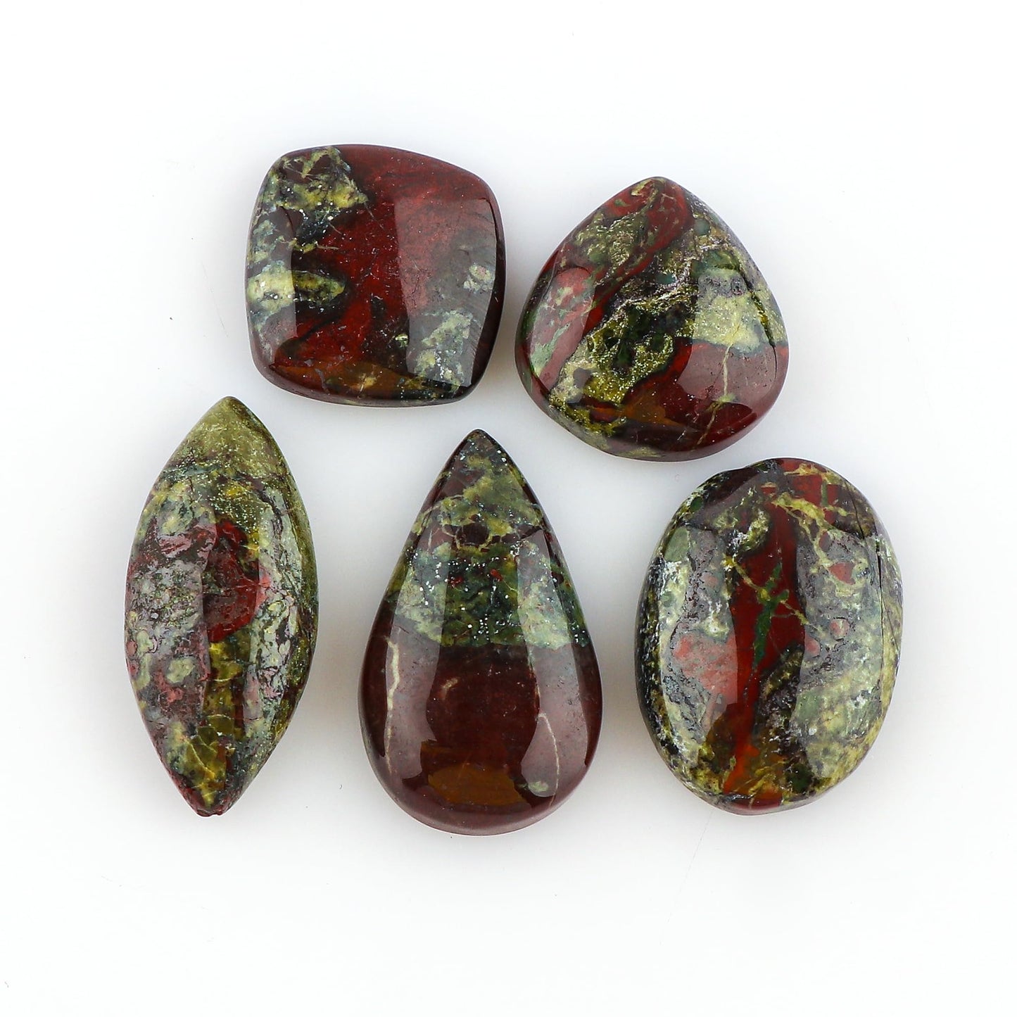 CRYSTALINES (5pcs Natural Bloodstone Jasper Gemstone Cabochon, Bulk Polished Stones, Chakra Healing Crystals, DIY Jewelry Making, Wholesale Loose Supplies, Wire Wrapping, Gem Collection