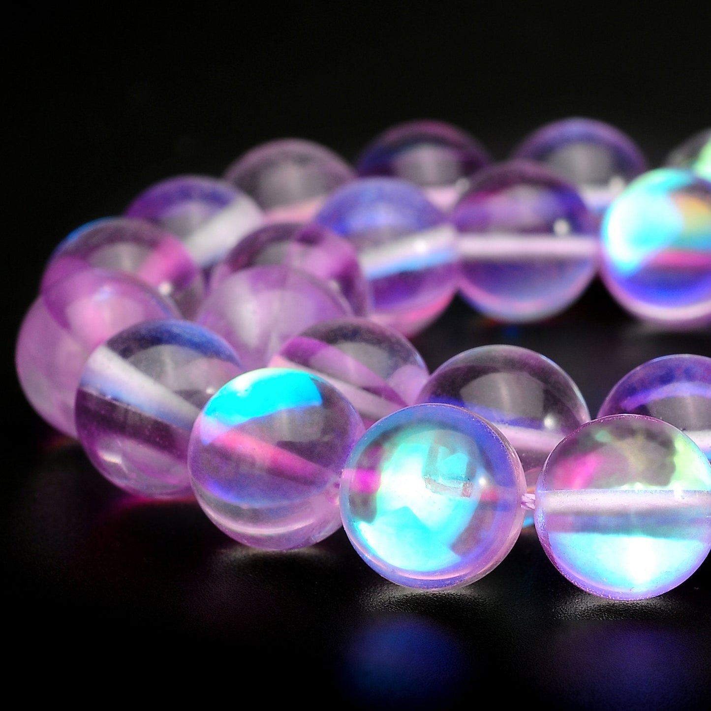 RUBYCA Round Moonstone Crystal Glass Beads Aura Iridescent for Jewelry Making (1 Strand, 8mm, Purple)