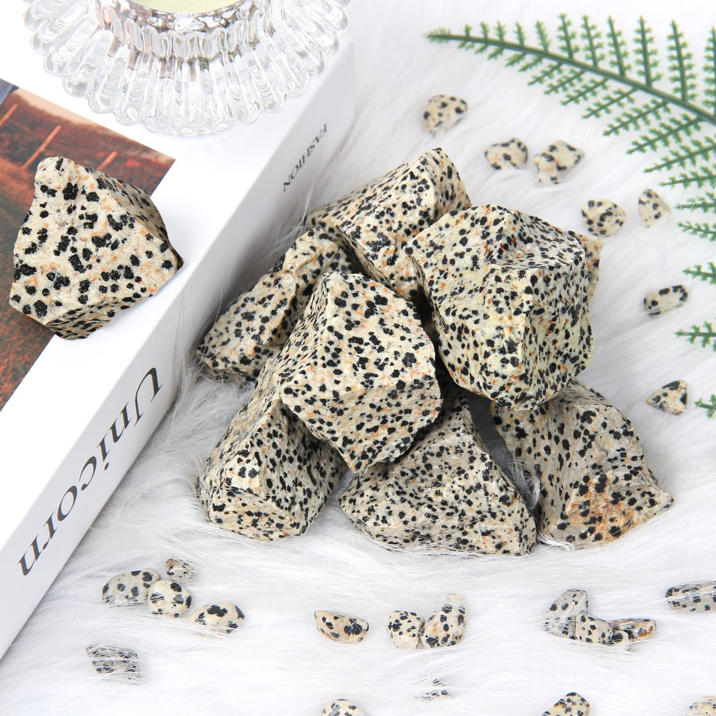 1.1lb Bulk Raw Dalmatian Jasper Rough Crystal-Natural Dalmatian Jasper Raw Stones Crystal for Tumbling, Cabbing, Fountain Rocks, Decoration, Polishing, Wire Wrapping, Wicca & Reiki Crystal Healing