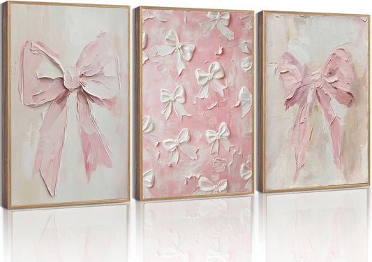 Skiennix Trendy Pink Bow Canvas Wall Art - Vintage Watercolor Bow Prints for Girly Aesthetic Decor