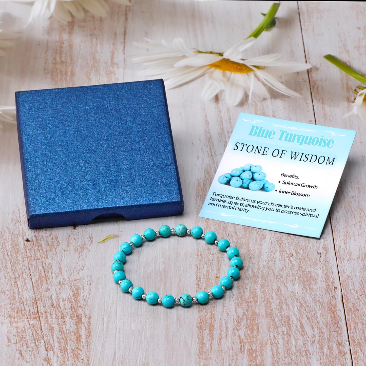 QOGIR Blue Turquoise - Stone of Wisdom - Stainless Silver Beads Natural Gemstone Stretch Elastic Dainty Healing Beaded Bracelets Gifts 6mm