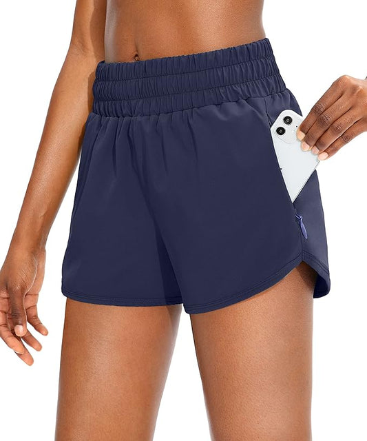 SANTINY Women's Running Shorts with Zip Pockets High Waisted Athletic Workout Gym Shorts for Women with Liner
