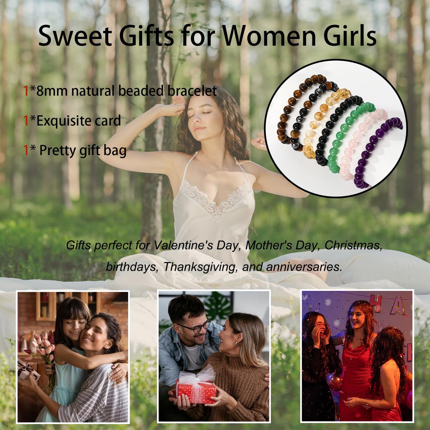 Gnamy Green Aventurine Crystal Bracelet for Women, Healing Crystal Bracelets for Spiritual Healing Positive Energy Stress Relief, Natural Stone Stretch Beaded Jade Bracelet Birthday Valentines Christmas Jewelry Gifts