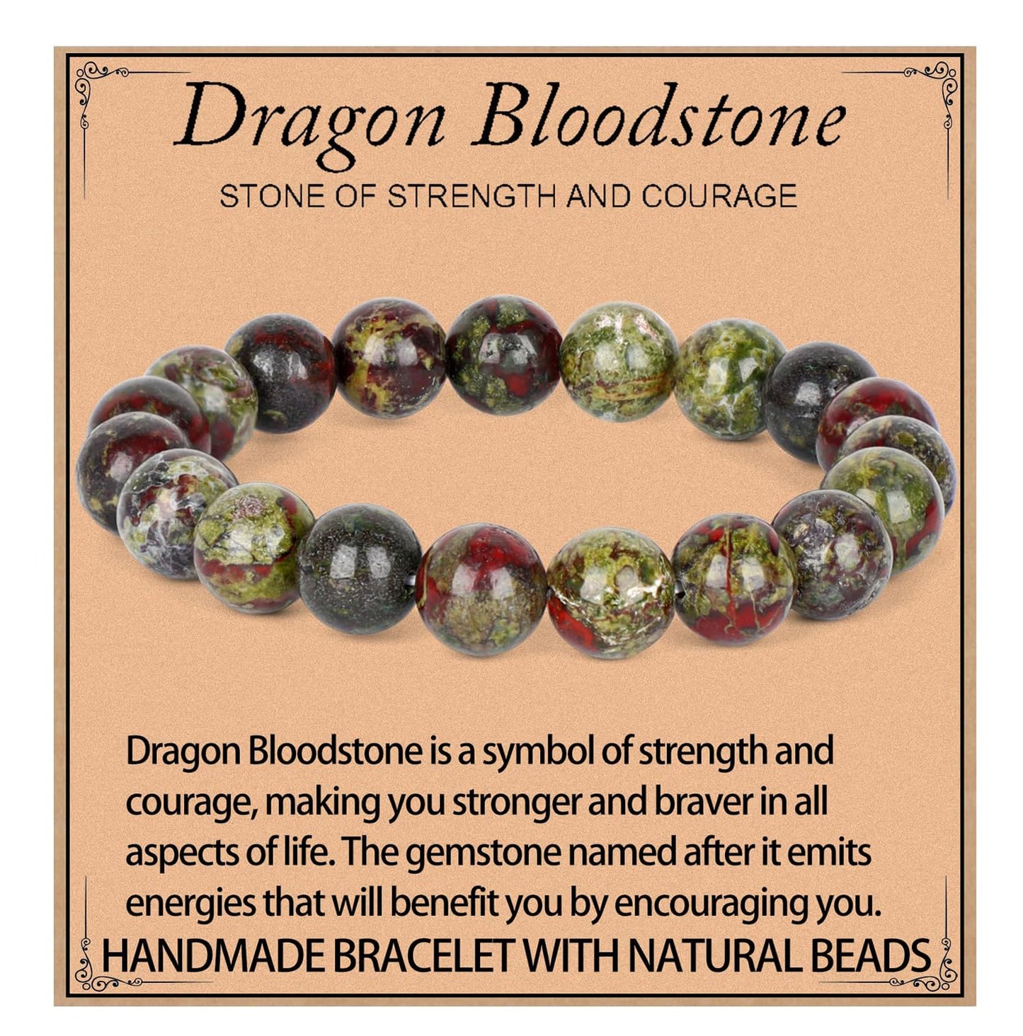 LPBeads Handmade Natural Gemstone Stretch Elastic 10mm Dragon Bloodstone Bracelet Healing Crystal Round Stone Beads Jewelry Gifts for Women Men
