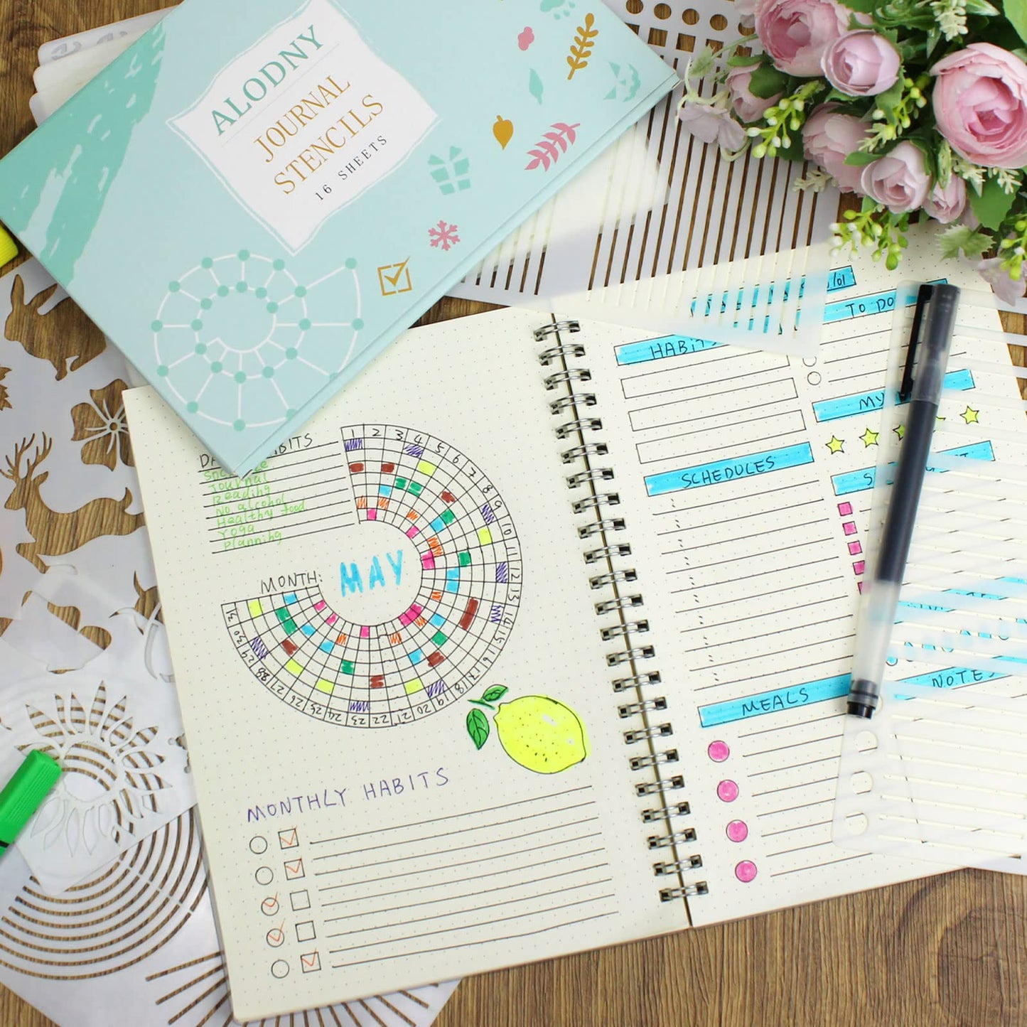 ALODNY 16 Pcs Journal Stencils Set - Time Saving Bullet Journaling Supplies/Accessories Kit -Ultimate Productivity Planner Stencil for Bullet Journal Stencils A5 Dotted Journals