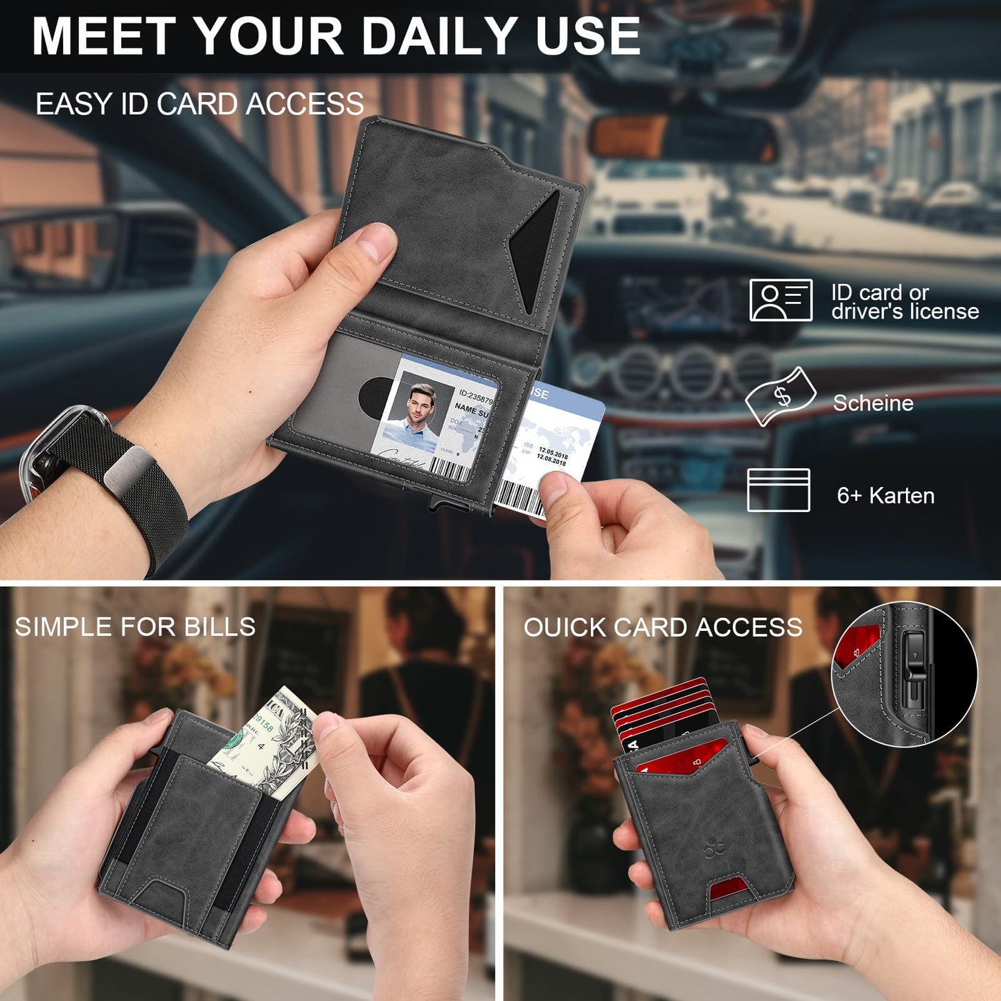 Wallet for Men Wallet with Slim Pop Up Card Holder 9-13 Cards, Bifold Minimalist Smart Wallet RFID Blocking Credit Card Holder with ID Window & Stretchable Cash Slot Compact Metal Aluminum Card Case