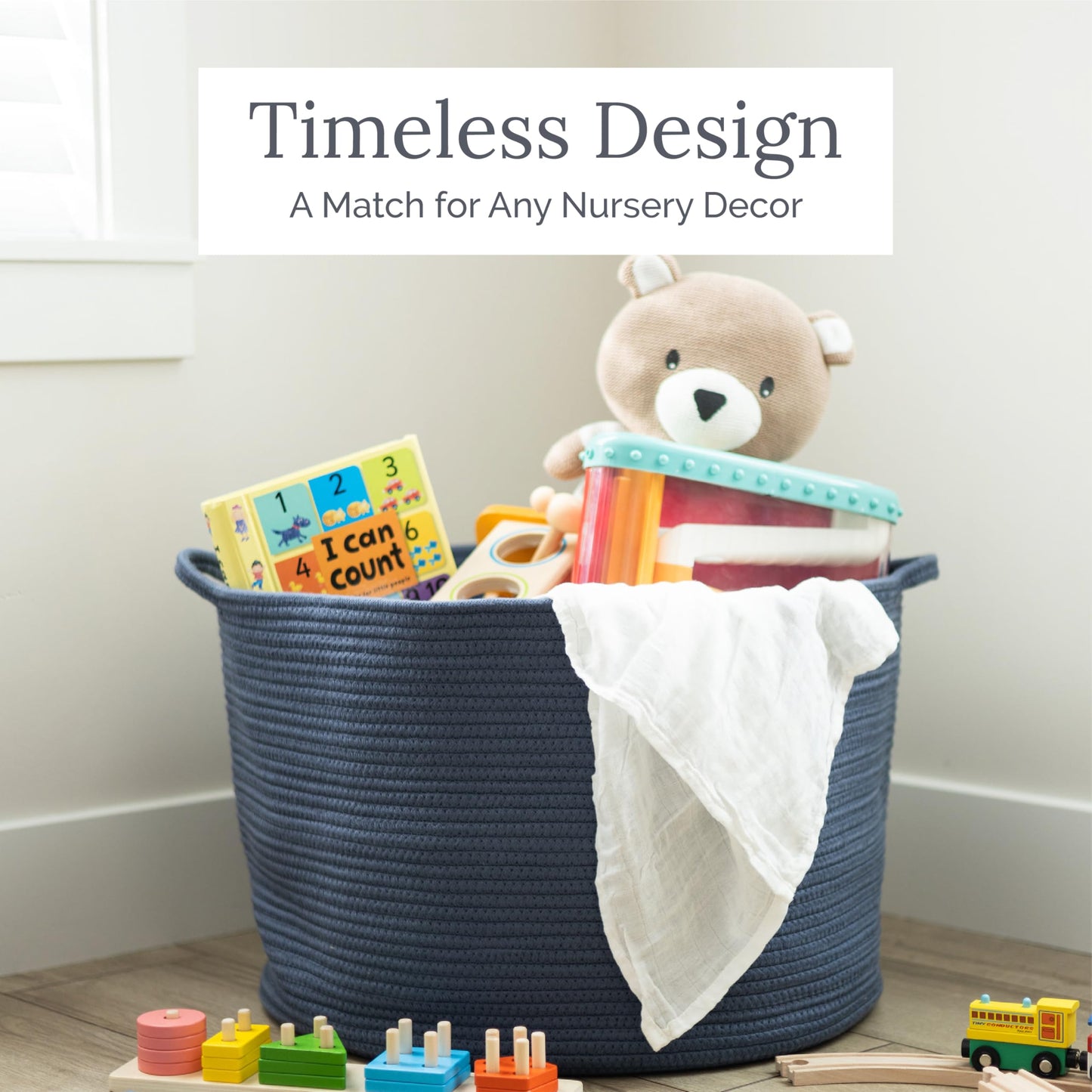 Natemia Large Woven Storage Basket (15" x 15" x 14") - Baby & Toy Organizer, Blanket Basket, Perfect Baby Registry Gift