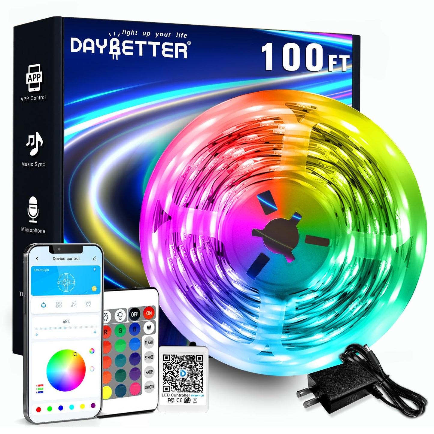 DAYBETTER LED Strip Lights 100ft RGB Lights Strip for Bedroom, Desk, Indoor Room Living Room Brithday Gifts Home Decor with Remote, 24V Power Supply