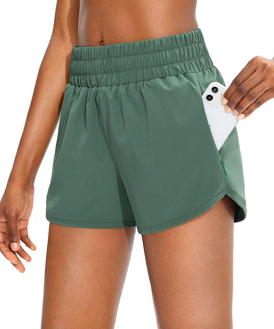 SANTINY Women's Running Shorts with Zip Pockets High Waisted Athletic Workout Gym Shorts for Women with Liner