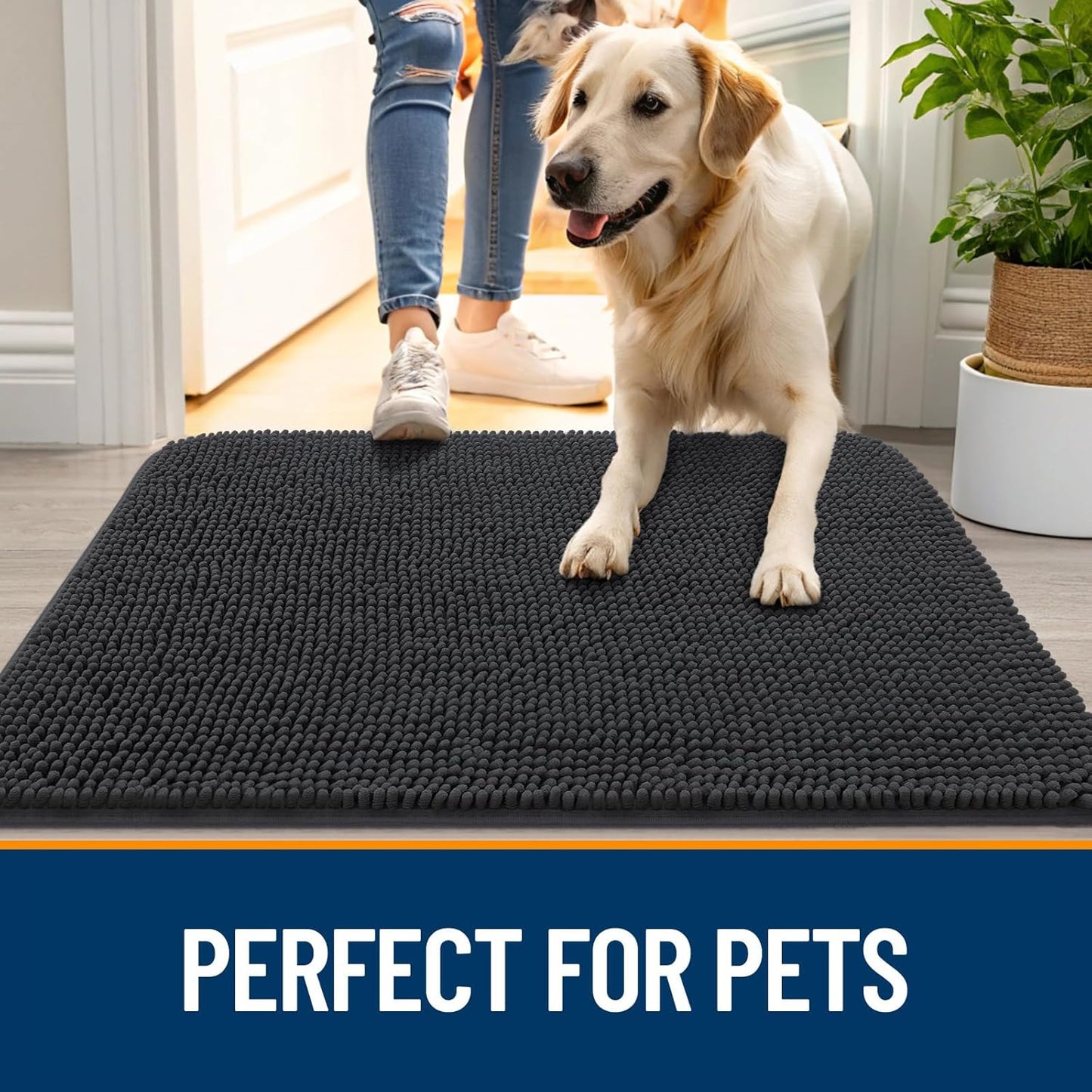 OLANLY Dog Door Mat - Absorbent Non-Slip Chenille Mat for Muddy Paws | 32x20 Dark Grey Indoor Carpet