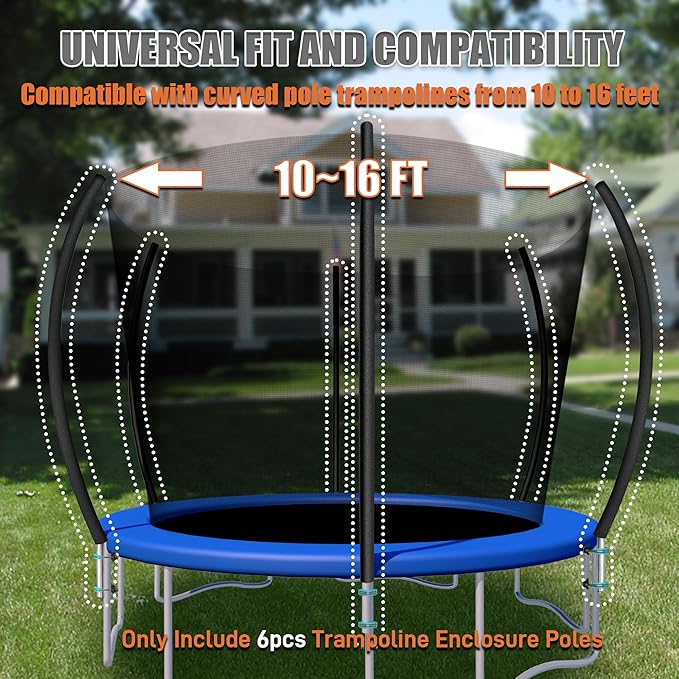 6PCS Trampoline Curved Poles, Universal Trampoline Replacement Enclosure Pole Fits for 8-16FT Curved Trampoline Frame, Galvanized Trampoline Replacement Parts with Foam Cover, T Connector & Hardware