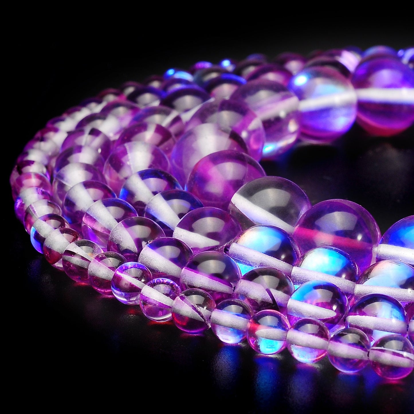 RUBYCA Round Moonstone Crystal Glass Beads Aura Iridescent for Jewelry Making (1 Strand, 8mm, Purple)