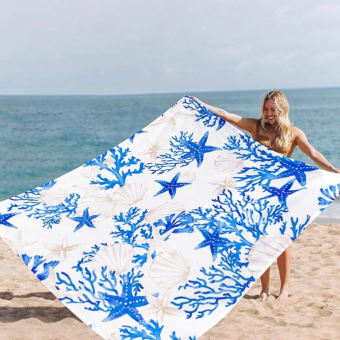 Beach Blanket Sandproof, 78”x 86” Large Waterproof Sand Free Beach Mat with 4 Stakes, Big Compact Lightweight Blue Outdoor Accessories for Beach, Picnic, Camping, Summer Vacation