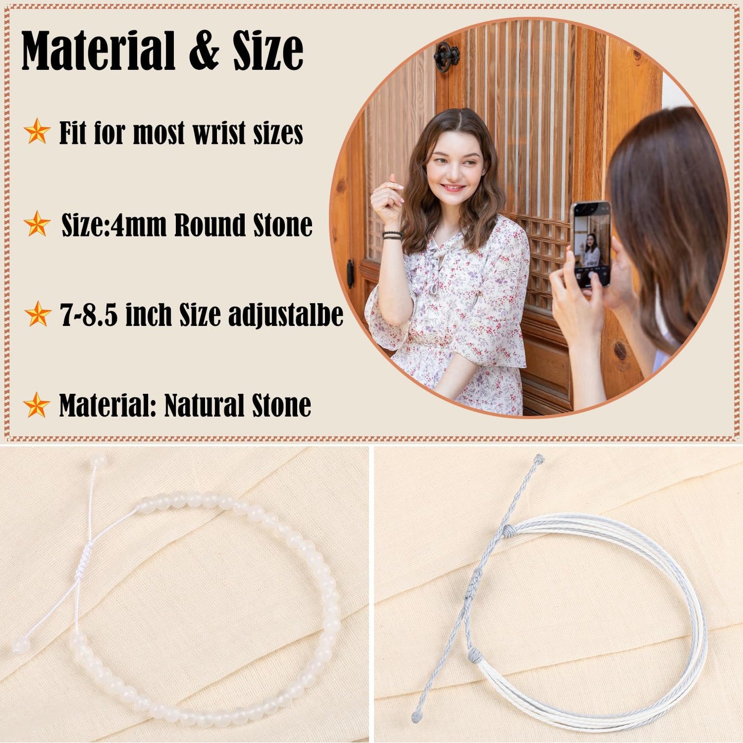 LPBeads 4mm White Jade Bracelet with Handmade Rope Bracelet Size Adjustable Natural Stone Crystal Healing Bracelets Gifts for Unisex Adults