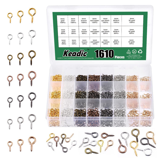 Keadic 1610Pcs 7 Color Small Screw Eye Pins Size Assorted Set, Metal Mini Eyelet Screw Threaded Clasps Hooks for DIY Charm Pendants Jewelry Making (0.16” x 0.32”, 0.2” x 0.39”, 0.24” x 0.5”)