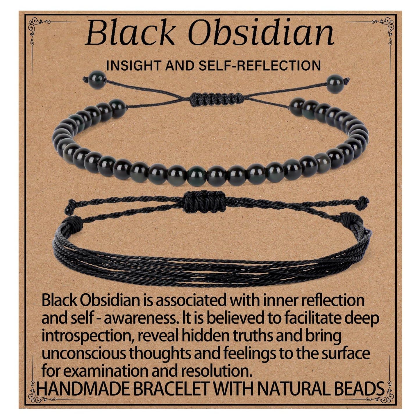 LPBeads 4mm Black Obsidian Bracelet with Handmade Rope Bracelet Size Adjustable Natural Stone Crystal Healing Bracelets Gifts for Unisex Adults