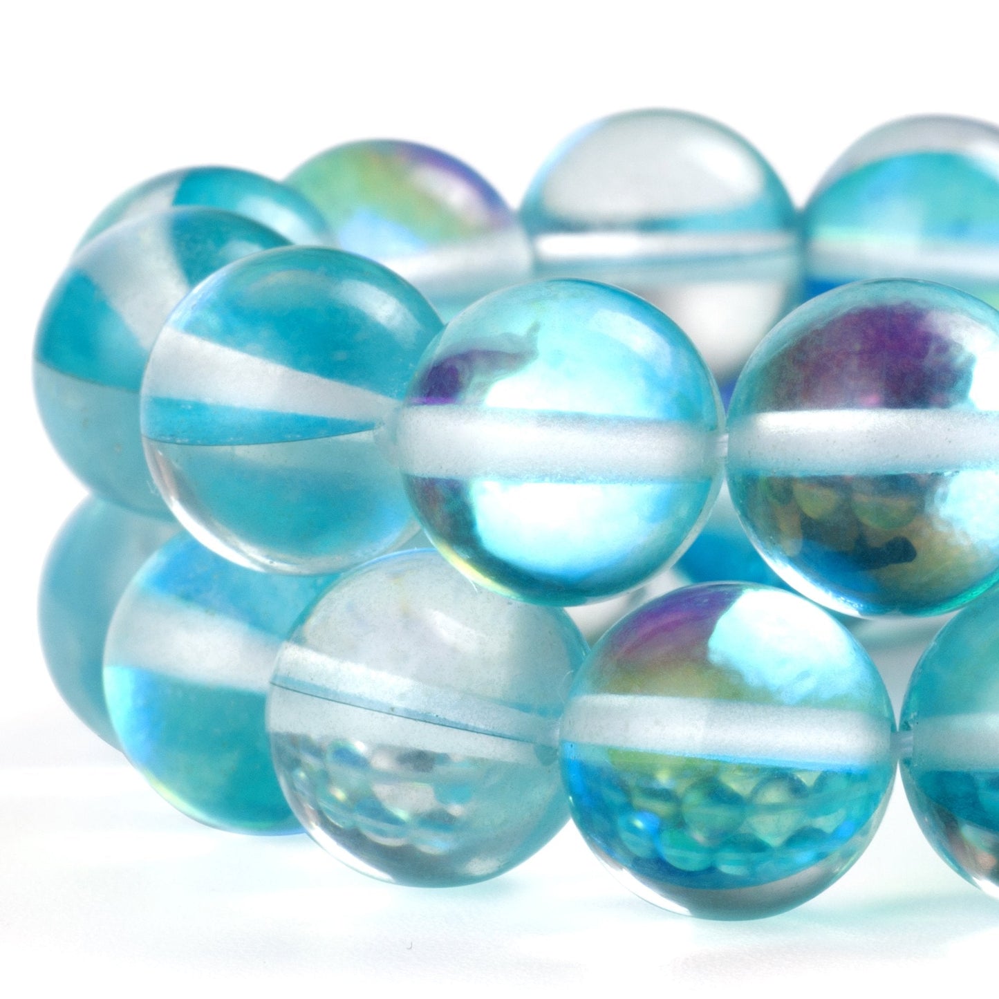 RUBYCA Round Moonstone Crystal Glass Beads Aura Iridescent for Jewelry Making (1 Strand, 10mm, Blue)
