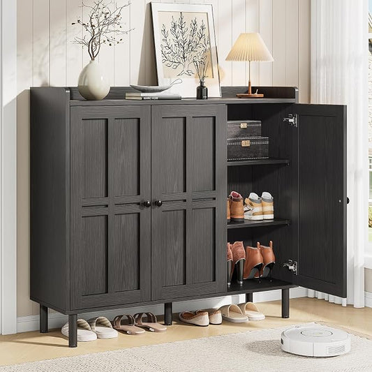 ONBRILL Shoe Cabinet with 3 Doors and Adjustable Shelves, 30 Pairs Shoe Storage Cabinet, 40 Inch Tall Farmhouse Shoe Rack Shoe Organizer Cabinet for Entryway Living Room Closet, Black