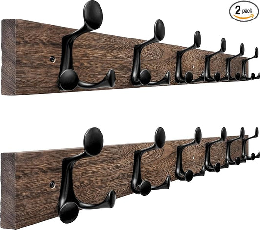 SKOLOO 36-Inch Wood Burnt Coat Rack Wall Mount with 6 Triple Hooks - Ideal for Family Entrances, Classrooms, and Pet Supplies Storage - Perfect Coat Hooks for Wall, Pack of 2