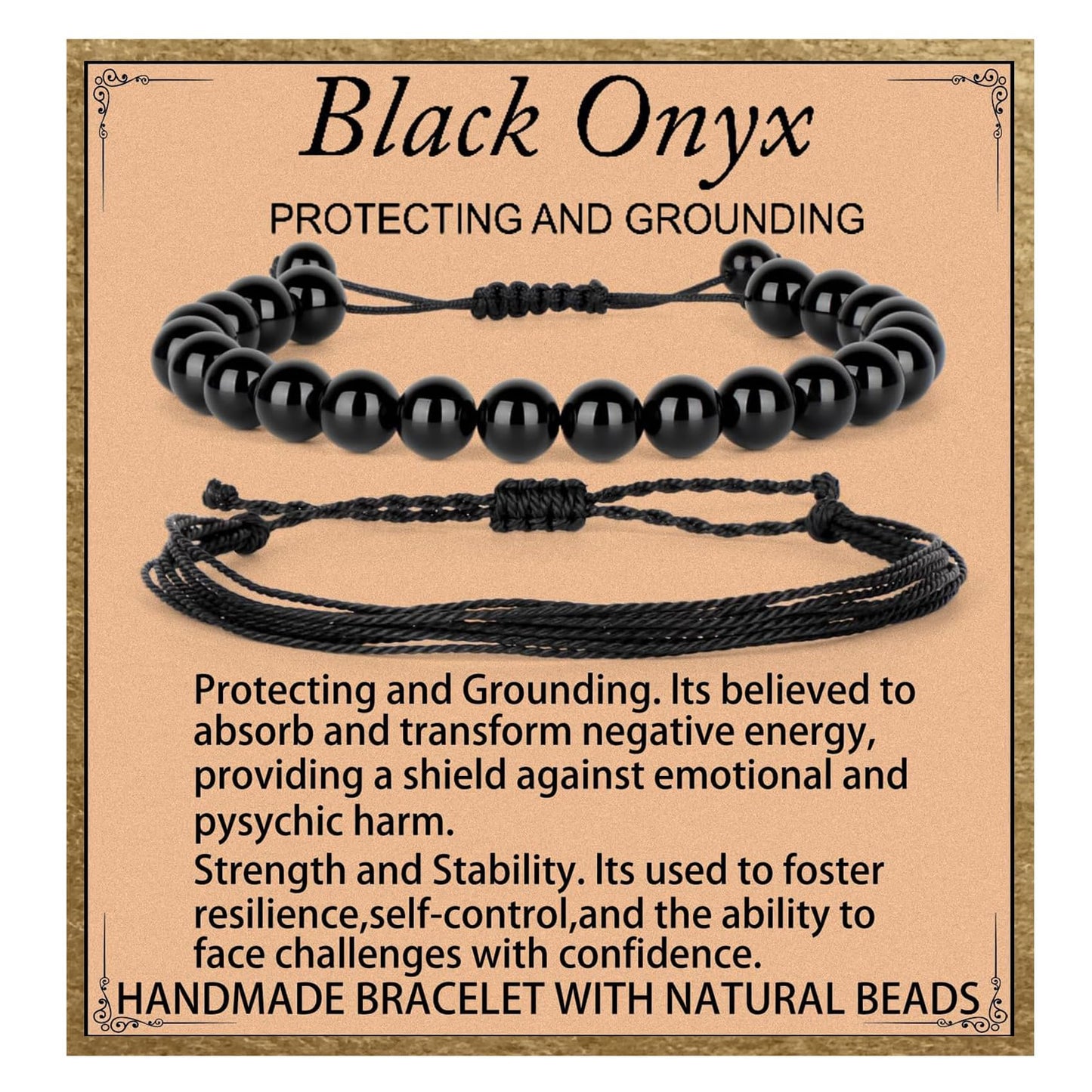 LPBeads 8mm Black Onyx Bracelet with Handmade Rope Bracelet Size Adjustable Natural Stone Crystal Healing Bracelets Gifts for Unisex Adults