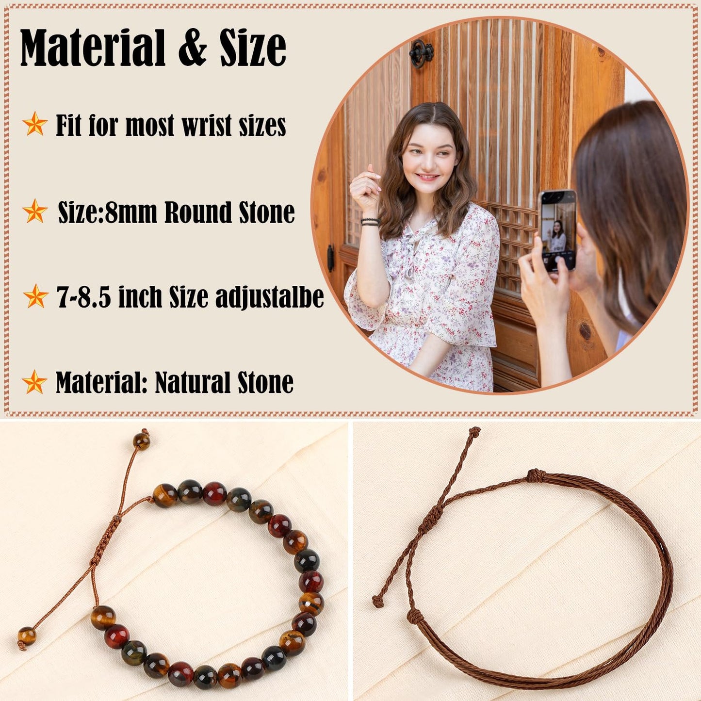 LPBeads 8mm Multicolor Tiger's Eye Bracelet with Handmade Rope Bracelet Size Adjustable Natural Stone Crystal Healing Bracelets Gifts for Unisex Adults