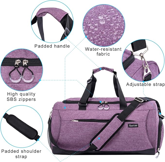Kuston Sports Gym Bag with Shoes Compartment &Wet Pocket Gym Duffel Bag Overnight Bag for Men and Women