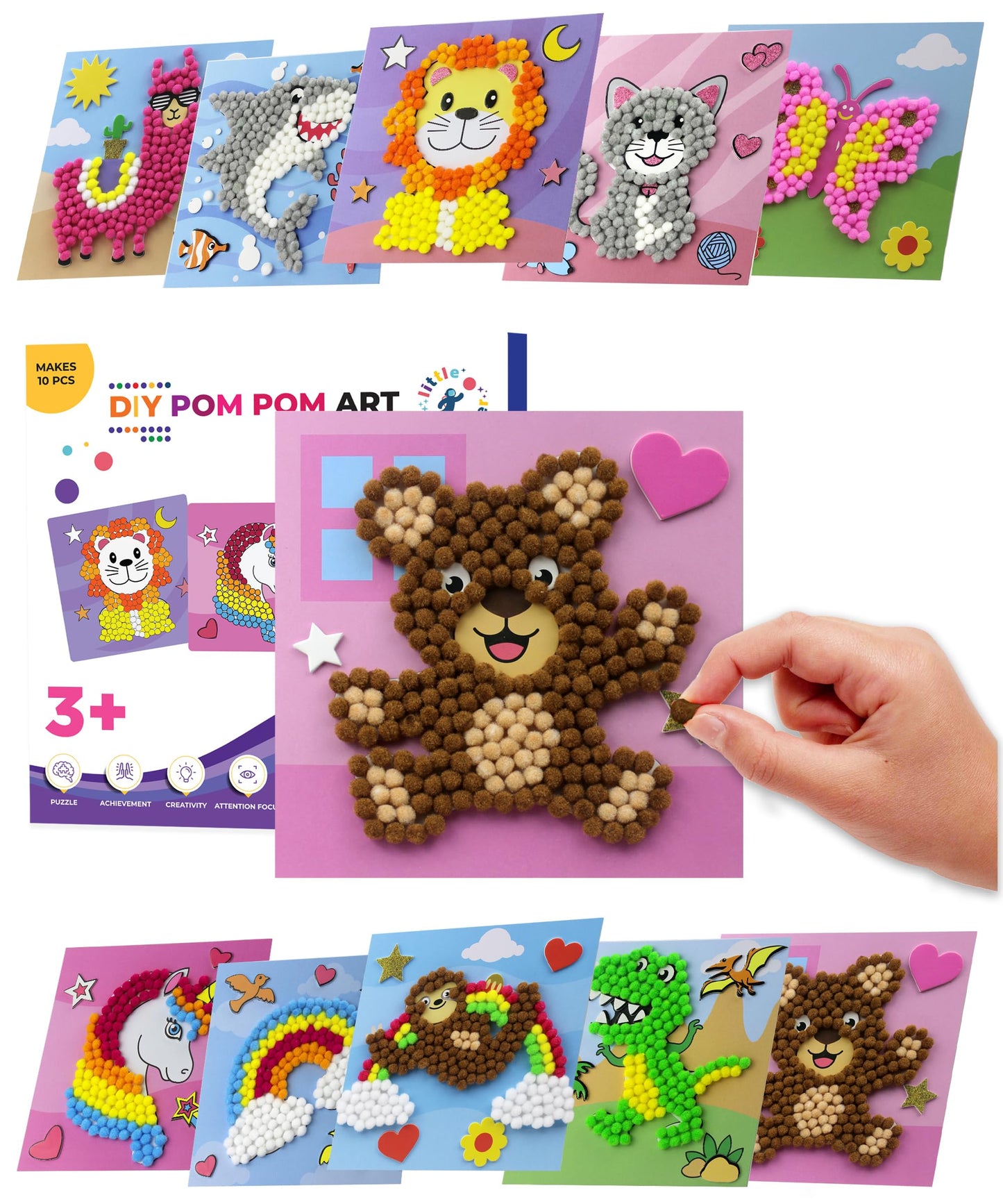 Little Jupiter DIY Pom Pom Art - Makes 10 Art Pieces -Boy & Girl Crafts for Kids Age 3-5 - for Toddlers and Small Kids - Craft Activities - Arts and Crafts (Set3)