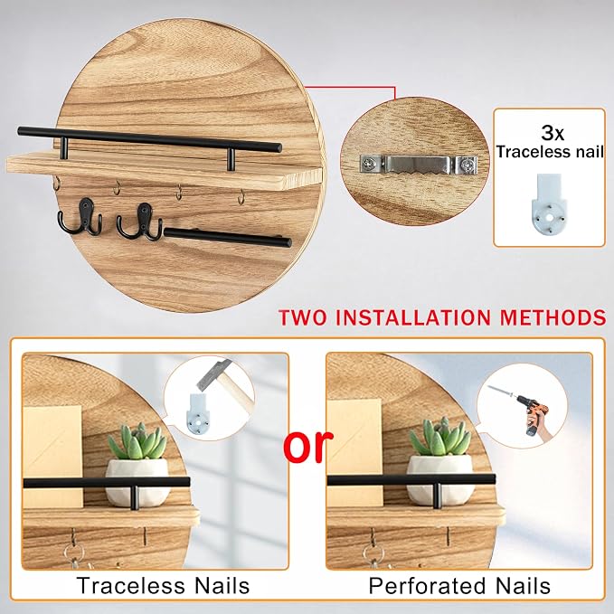 dreampossible Key Holder for Wall Decorative with Shelf and Hooks, Mail Organizer Wall Mount with Sunglasses Holder, Circular Design Entryway Key Rack Hanger, Rustic Home Decor