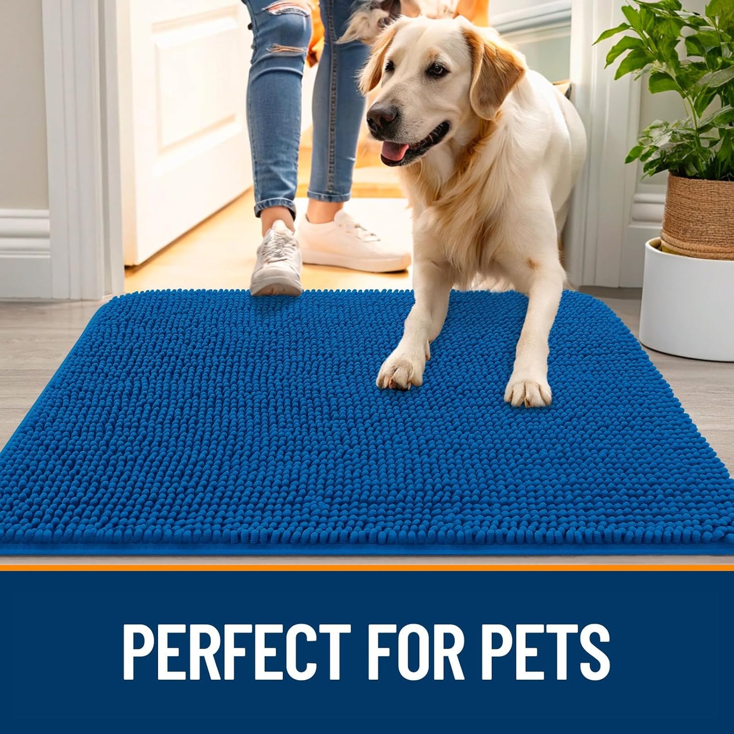 OLANLY Dog Door Mat - Absorbent Non-Slip Mud Mat for Muddy Paws | 70x35, Quick Dry Chenille, Deep Navy Blue