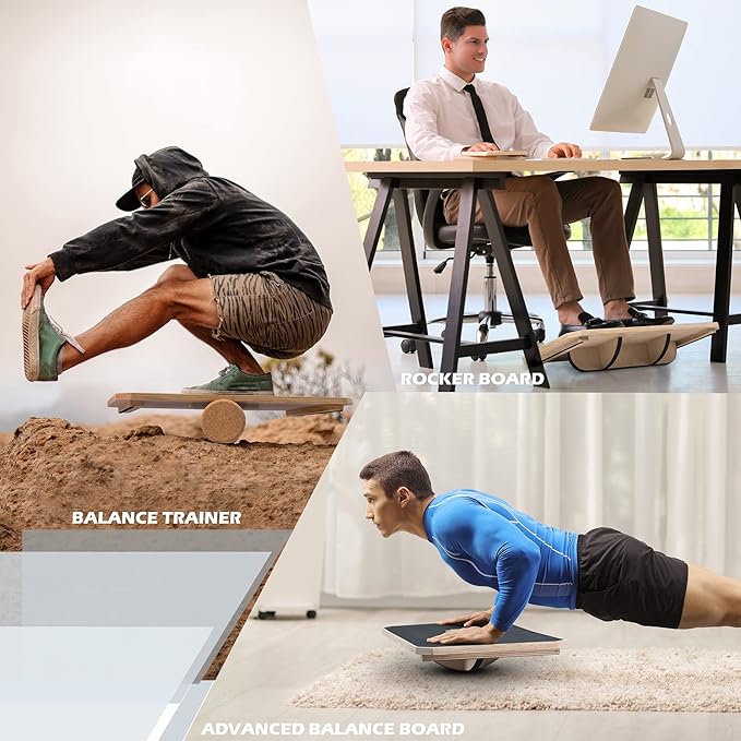 Multi-Optional Wooden Balance Board for all kind of balance tranning, Extra-Large Anti-Slip Wobble, Rocker and Plank Board for Balance and Core Training, Balancing Board for Under Desk