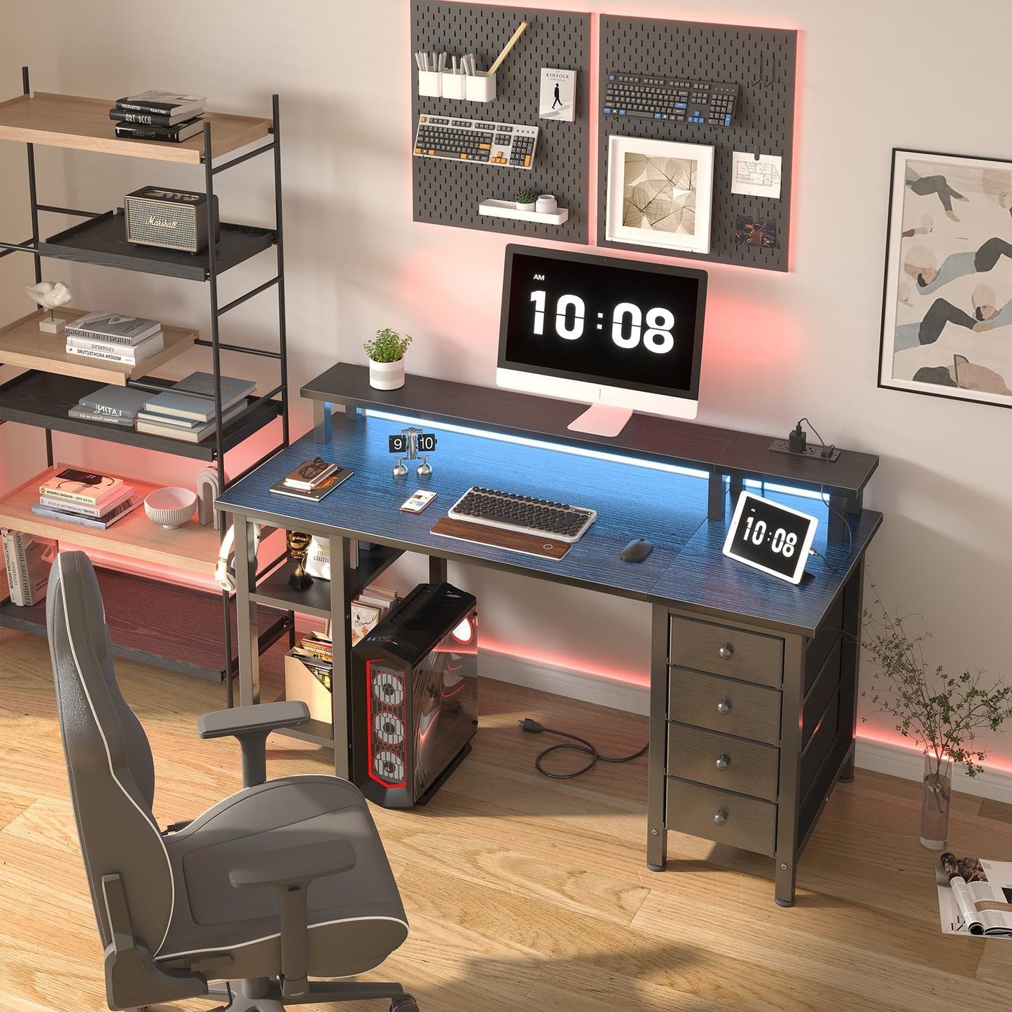 Lufeiya Black Gaming Desk with LED Lights and Power Outlets, 47 inch Computer Desk with Fabric Drawers and Storage Shelves, Home Office Desk with Monitor Stand, Black