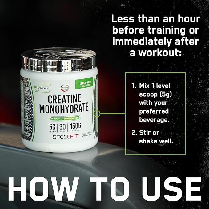 SteelFit Creapure Creatine Monohydrate Powder, Unflavored - German Micronized Creatine Powder for Men & Women - Gym Workout Nutritional Supplements for Muscle Gain, Brain Health & Strength Building