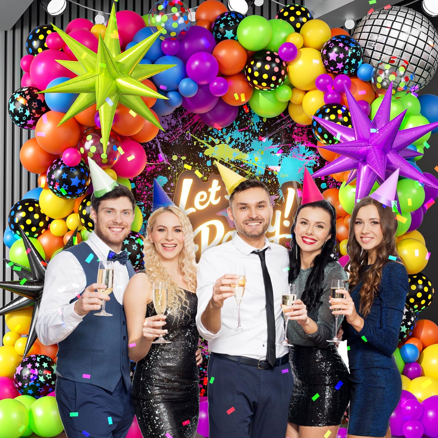 147pcs Neon Balloon Arch Kit, Neon Party Decorations with Yellow Hot Pink Lime Green Orange Blue Neon Balloons for Back to 80S 90S Glow in the Dark Birthday Decorations